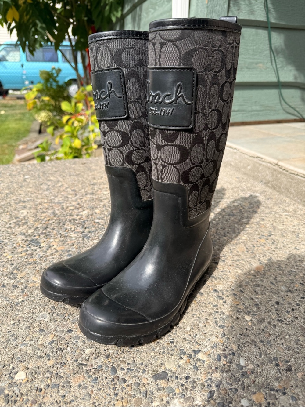 Coach Ladies Black & Gray Signature Rain Boots